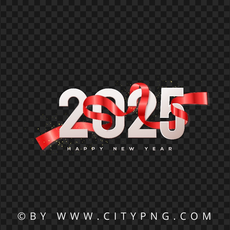 2025 White Happy New Year with Red Ribbon Citypng