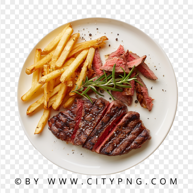 French Fries and Sliced Rare Steak on White Plate