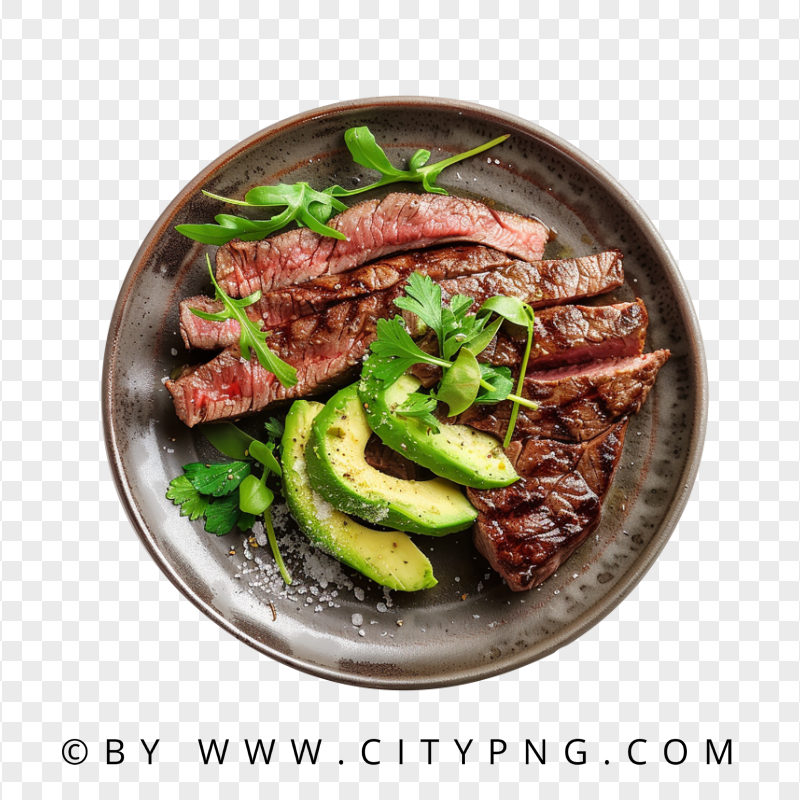 Plate Of Medium Rare Steak and Avocado Fruit