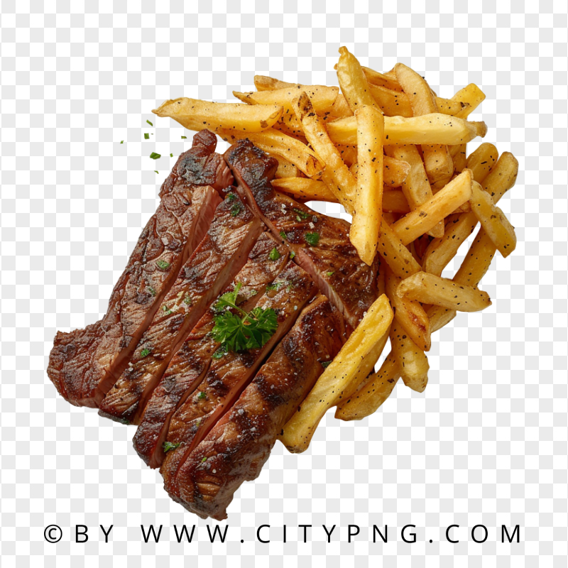 Thick Grilled Beef Meat and French Fries