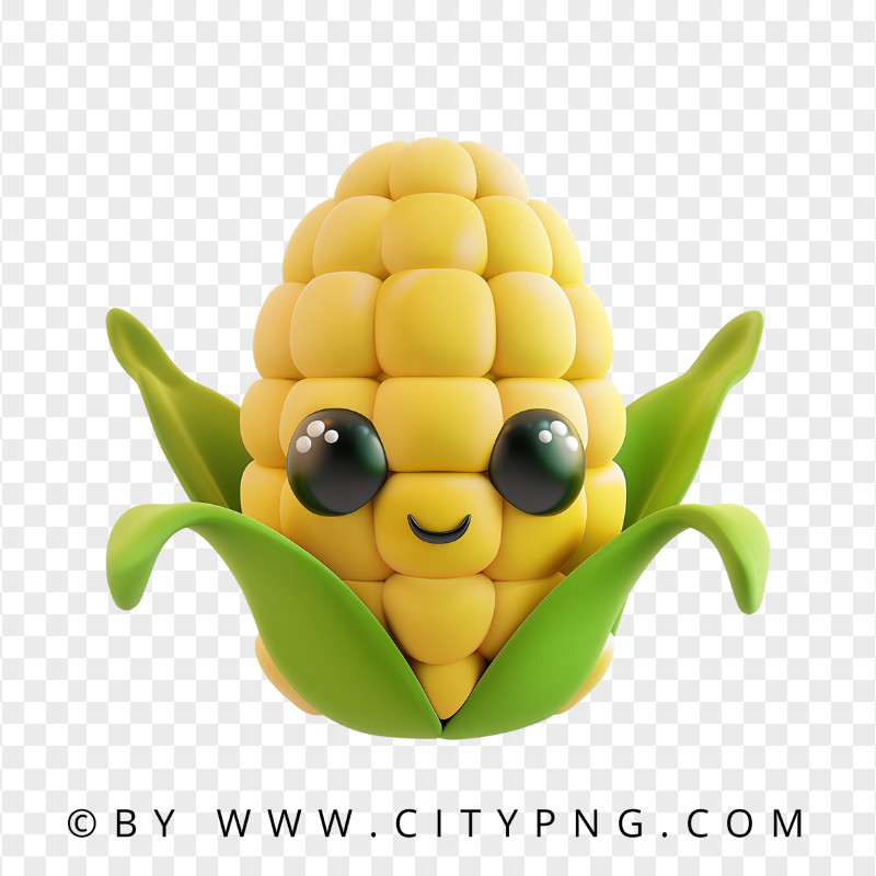 Kawaii Cartoon Corn with Green Husks and Happy Face