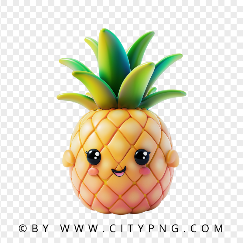 Cute Pineapple Character with Kawaii Smile and Glossy Style