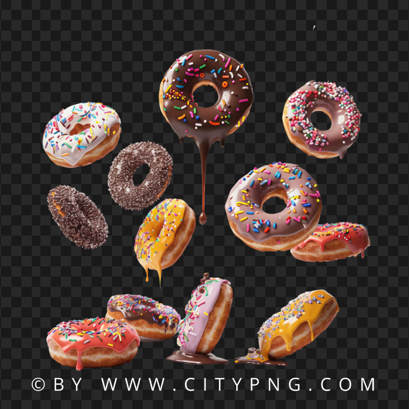 Delicious Glazed Doughnuts with Toppings Falling