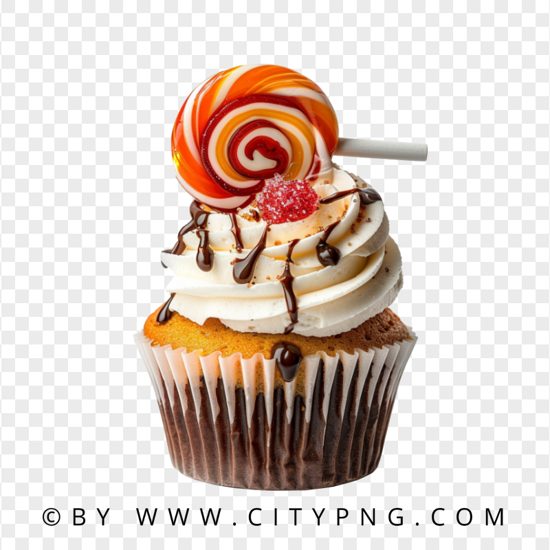 Front View Sweetie Cupcake With Lollipop and Chocolate Syrup