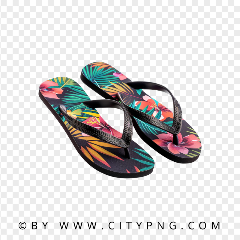 Tropical Black Flip Flops with Colorful Floral Print