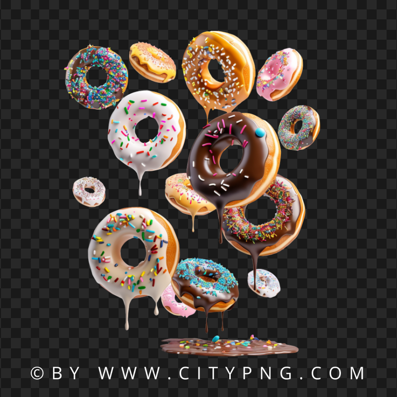 Realistic Donuts Splashing with Drips and Rainbow Toppings