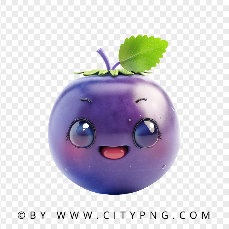 Kawaii Blueberry Character with Happy Face and Leaf