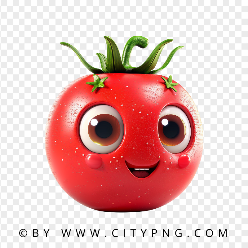 Red Tomato in 3D Cartoon Kawaii Style with Green Stem