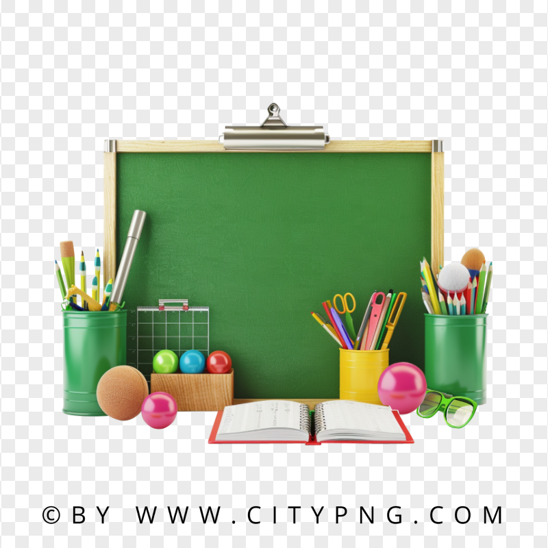 Green Board With School Supplies and Book