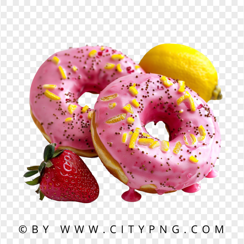 Pink Donuts with Strawberry and Lemon Garnish