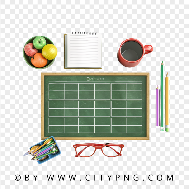 HD Top View Of School Supplies and Green Board PNG