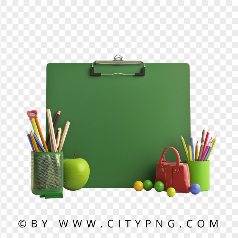 School Supplies Chalkboard Apple and Crayons